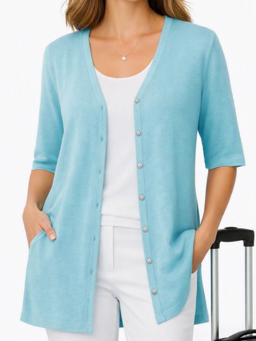 J. Jill Turquoise Linen Blend V-Neck Cardigan Slub Knit Ling Line Elbow Sleeves
